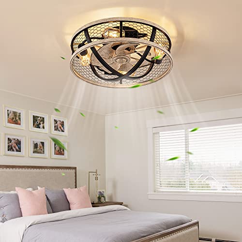 WWM 20'' Flush Mount Caged Ceiling Fan with Light, Low Profile Farmhouse Ceiling Fans with Remote, 3 Speeds,Reversible Motor Fan for Small Space,Fan Lights Ceiling Fixtures(5 E26 Bulbs Include) - Image 2