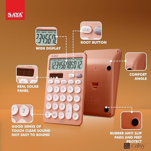 Image of SAYA SY-C101 Ultra-Fast, Ultra-Light Desktop Calculator | Ergonomic Design for Comfort | Ideal for Office & School Use | 3-Year Warranty | Stylish Peach Color for Home & Professional Settings.