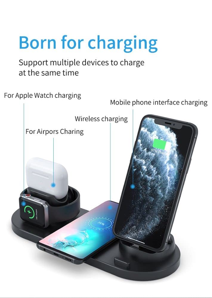 Wireless Phone Charger 6 in 1 Multi-Functional Dock (Black)