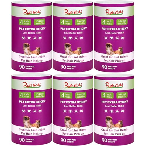 4 inch Lint Roller Refills Compatible with Scotch-Brite Pet Extra Sticky Lint Roller 90 Sheets per Refill Pack of 6 Rolls 540 Sheets Total Replacement for Scotch Brite Lint Roller Refill