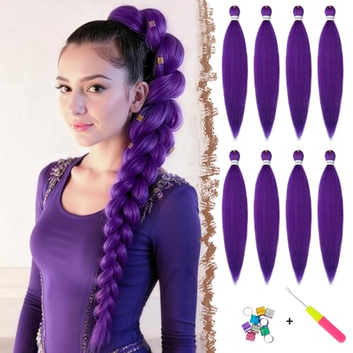 FESHFEN Extensiones para Trenzas Africanas 8 Piezas Pre Stretched Braiding Extensiones de Cabello Trenzado Sintetico Twist Crochet Braid Extensión Pelo Postizo Morado, 65 cm