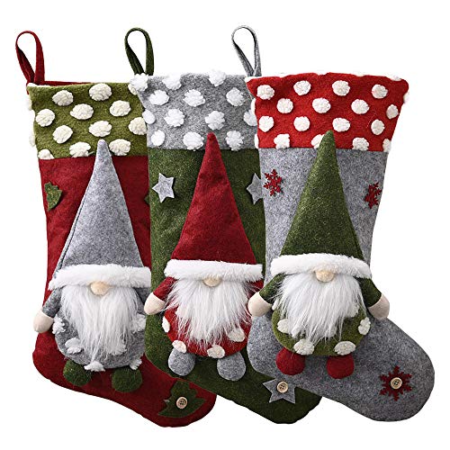 Boseago Lot de 3 Chaussettes de Noël, Grande Chaussette de Noël à Suspendre Père Noël Sac Cadeau, Cartoon Décoration Noël pour Arbre Cheminée Vitrine et Sac de Bonbons, 50 cm Cover