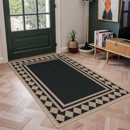 GKQOOKQ Easy Jute 3x5 Black Checkered Area Rug,Washable Entryway Rug, Modern Diamond Door Carpet,Neutral Non-Slip Outdoor Indoor Farmhouse Rug for Living Room Kitchen Patio Bedroom