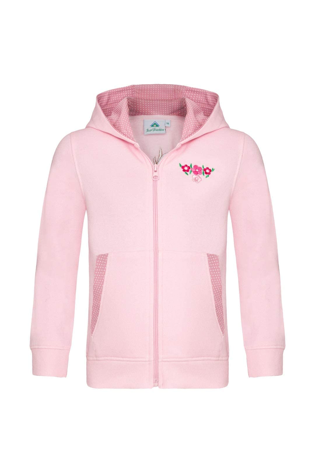 Isar-Trachten Kinder Jacke TrKinder Jacke Trachtenjacke Mädchen Kapuzenjacke Sweatjacke mit Blumenstickerei in Rosa, Größe 140