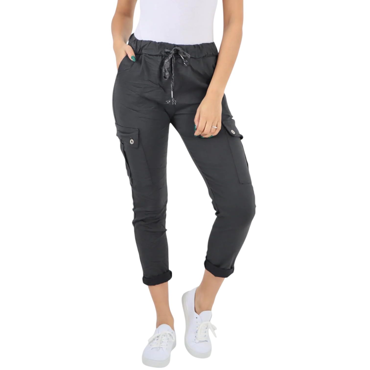 SXME MIGHT SAY Italian Drawstring Waistband Magic Cargo Trousers for Women – Stylish, Comfortable & Versatile Everyday Pants (UK, Numeric, 8, 14, Regular, Regular, Dark Grey)