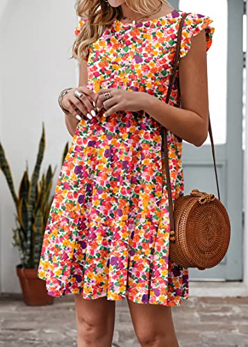 Image of KIRUNDO Summer Dresses for Women Sundress Sleeveless Ruffle Sleeve Round Neck Loose Short Flowy Pleated Mini Babydoll Dress