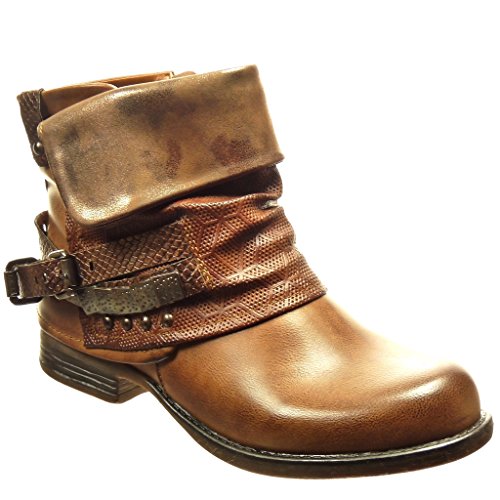 Angkorly - Chaussure Mode Bottine Motard Cavalier Femme Peau de Serpent lanière clouté Talon Bloc 3 CM - Intérieur Fourrée - Camel - F275-1 T 36