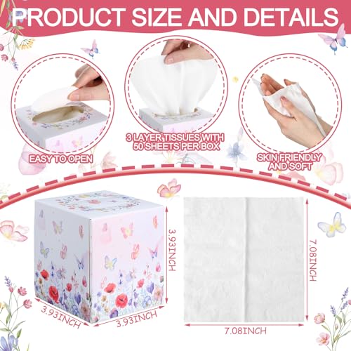 Image of Fourluoo 12 Pack Floral Butterfly Facial Tissues Cube Boxes 600 Sheet 3 Ply | Flower Butterfly Design Small Square Face Tissues Bulk for Summer Car Bedroom Desktop Supply, Soft Facial Tissues, Disposable
