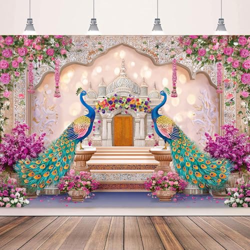 Image of India Peacock Backdrop, Boho Pink Floral Palace Decorations, India Wedding India Ceremony Party Decoration Bridal Shower Photography Decoration Wall Decor Fabric Photography Background 7X5FT