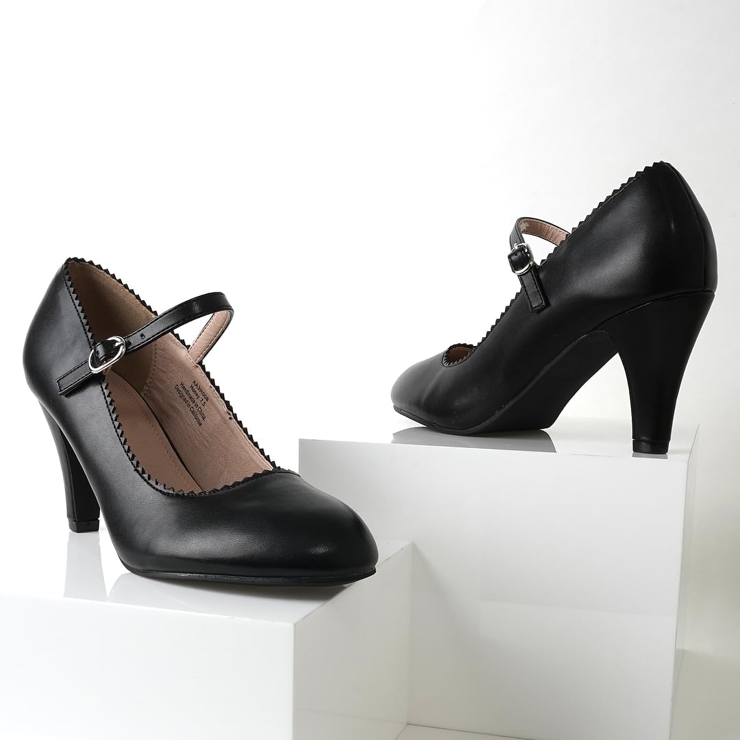 Mary Jane Kitten Heels, Vintage Retro Scallop Round Toe Shoe With An Adjustable Strap, 6.5 B(M) US, Black PU - Image 2