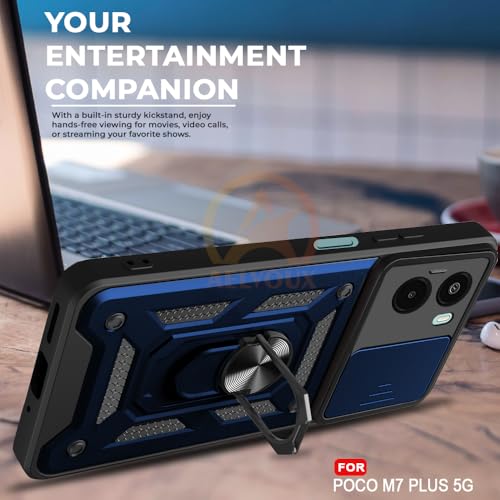 Image of Armor Bumper Back Cover Case for Poco M7 Plus 5G Rotating Camera Cover, Ring Holder & Kickstand | Heavy Duty & 360 Degree Protection Poco M7 Plus 5G Back Cover (Blue)