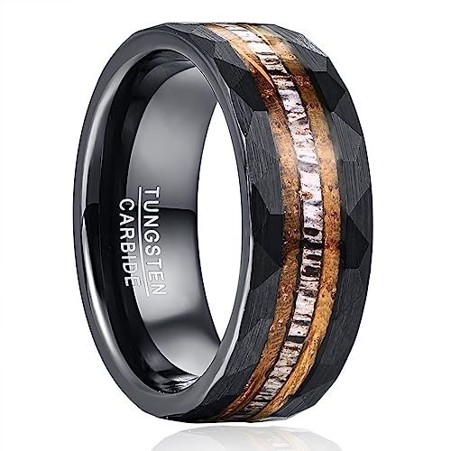 NUNCAD Bague Homme Noir 8mm Anneau en Tungstène avec Bois de Cerf Alliance Homme Moderne Rustique...