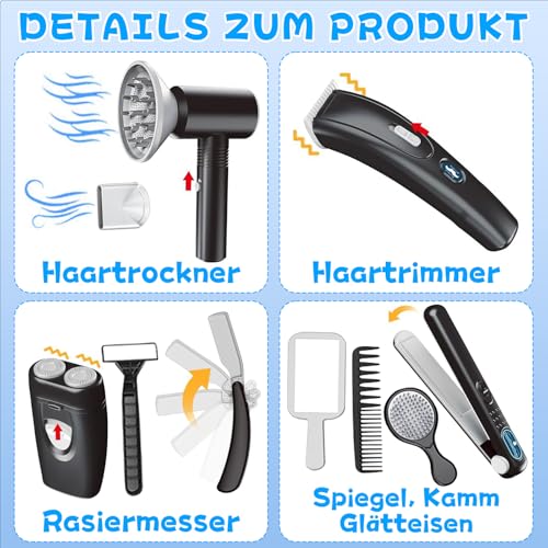 PIIMNT 35Pcs Frisierkopf Kinder,Friseur Set Kinder,Friseur Set mit Haartrockner Rasierer Haarglätter Haarstyling Zubehör,Frisör Spielzeug Rollenspiel