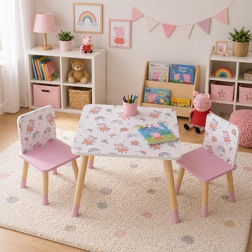 Peppa Pig   Juego de Mesa y 2 sillas para niños, Color Rosa y Blanco con patrón y Patas de Madera