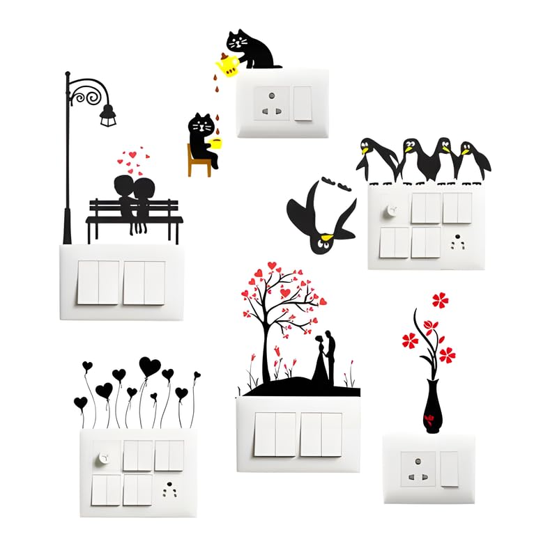 Best Stuff- Wall Décor Switch Board Pannel Stickers3DLove Couple and Flower Pot Black Hearts 27X26 cm Multicolor Wall Cover for Home Living Room Bedroom Office Hall -Code P 184