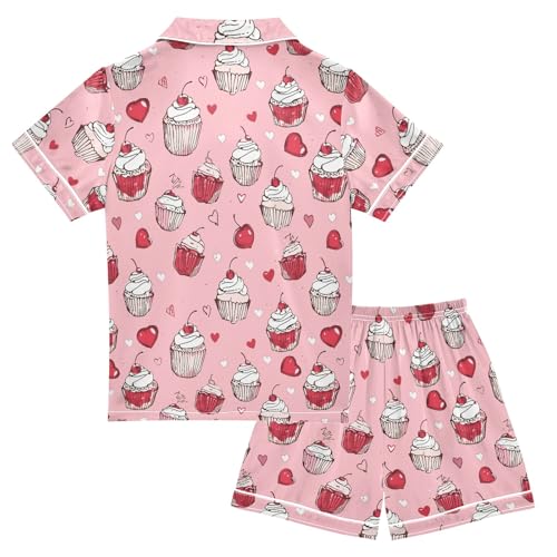 Pink Cherry Cupcake Prints Pattern Summer Satin Pajama Set, Cute Button-Down Sleepwear Pj Set for Sleep Wears2