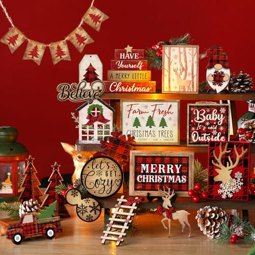 Shellwei-24-Pcs-Christmas-Tiered-Tray-Decor-Wood-Rustic-Christmas-Decoration-for-Home-Table-Shelf-Christmas-Winter-Farmhouse-Decor-Xmas-Trees-Gnome-Elk-Snowflake-Wooden-Signs-Buffalo-Plaid-Table-Decor Shellwei 24 Pcs Christmas Tiered Tray Decor Wood Rustic Christmas Decoration for Home Table Shelf Christmas Winter Farmhouse Decor Xmas Trees Gnome Elk Snowflake Wooden Signs Buffalo Plaid Table Decor