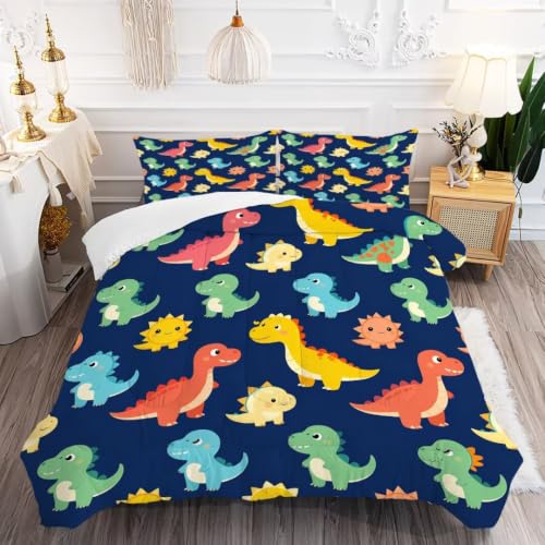 Image of Cartoon Dinosaur Comforter Set for Boys Colorful Twin Bedding Set | Navy Blue Cute Colorful Dino Floral Print Bedding Set for Kids Girls, Washable Soft Bed Set with 1 Comforter 1 Pillowcase