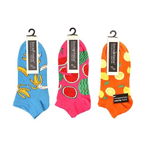 3 Paar Computer-Sneakers-Söckchen '' Bunte Früchte'' für Mädchen, Teenager, Damen CH-2183 (39-42)