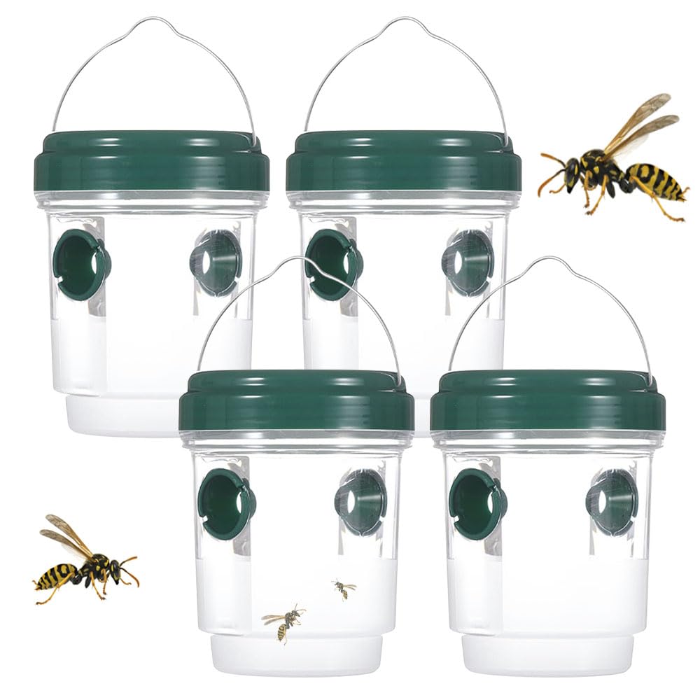 Jonuin 4 Pack Wasp Traps, Reusable Wasp Traps Outdoor Hanging, Waterproof Yellow Jacket & Hornet Trap for Garden, Patio, Courtyard, Camping, Effective Fly Catcher & Insect Control (4 Pack, Green)