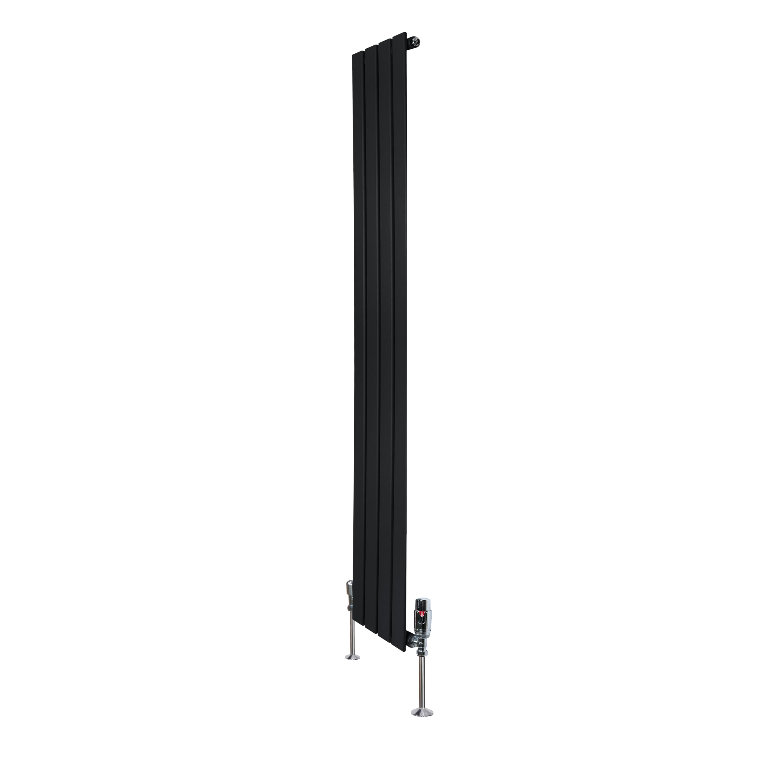 Radiatore Piatto Monocolonna Verticale 1600x280mm Nero 627W 2141 BTU con Valvole Termostatiche Cromate, Acciaio 1,5 mm, Kit Fissaggio, Staffe e Spazzola Inclusi