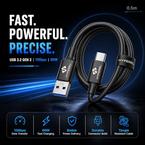 Image of USB 3.2 Gen 2 Cable, Up to 10Gbps Data Transfer, USB-A to Type-C, Up to 60W Fast Charging, Compatible with SSD Enclosures, External Hard Drives, Laptops, PC & Smartphones | (Black, 0.5M)