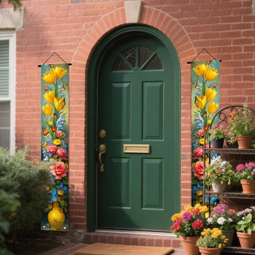 Image of Nuxovilar Floral Butterfly Tulip Rose Door Banner Polyester 70x12 In