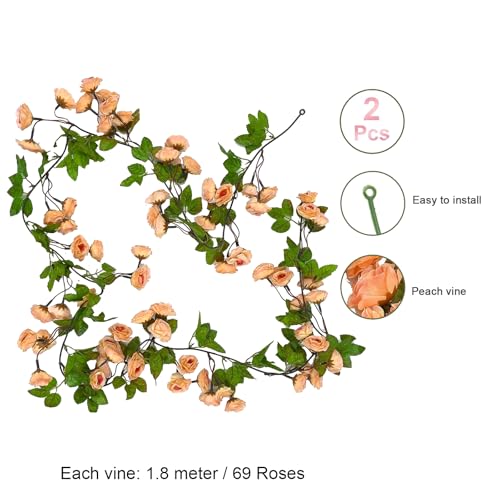Image of TIED RIBBONS Pack of 2 Artificial Flower Vine Garland Creeper 69 Small Rose (183 cm) Garland for Decoration Wall Door Hanging Home Decor Balcony Office Ganesh Chaturthi Decorative Items (Orange)
