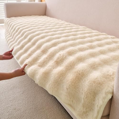 Image of HOKIPO 'FurHug' Premium Faux Rabbit Fur Sofa Cover Mats for L Shape and 1 /2 /3 Seater Sofa. Make Your Own Sofa Cover Set, Mat Length 90(D) X 150(L) Cm, Beige (NEW-AR-5014-Crm)