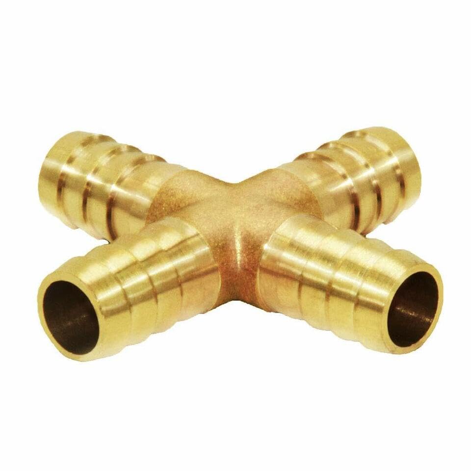Brass Connector 3/8 (10 mm) Hose Pipe Bras Hose Brass NIPLE Cross Connector Barbed Hose Fitting Male And Air Pip Pneumatic Connect Hose Tai Plug Gas/Pond/Pool/Hose Pipe 4 Way Hose Barb(1PC)