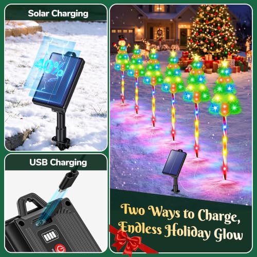 AOUNQ Solar Christmas Decorations, Christmas Tree Pathway Lights Outdoor | 102 LEDs, 10 Lighting Modes Solar Christmas Lights outdoor Waterproof, Solar Candy Cane Stake lights for Yard Lawn, 6 Pack - image 3