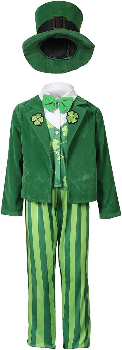Kids Boys St. Patrick's Day Leprechaun Costume Irish Green Outfit with Lucky Hat