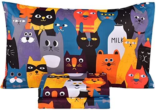 Scientific Sleep Big Cat Kitty Like Milk 100% Cotton Cozy Twin Bed Sheet Set, Flat Sheet & Fitted Sheet & Pillowcase Natural Bedding Set (Cat, Twin) #TOP7