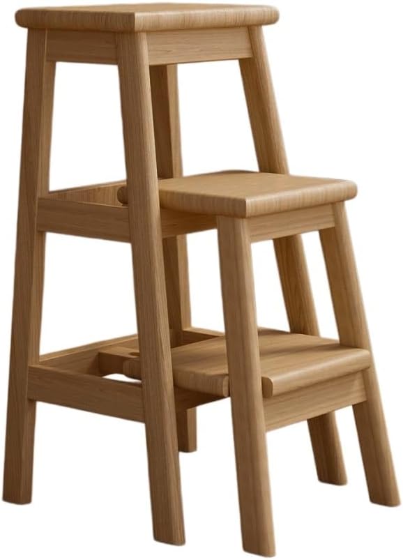 Solid Wood 3-Step Ladder Stool, Multifunctional High Stool for Small Space, Modern Portable Step Stool for Household, Office, Library, Kitchen, Bedroom(Natural)