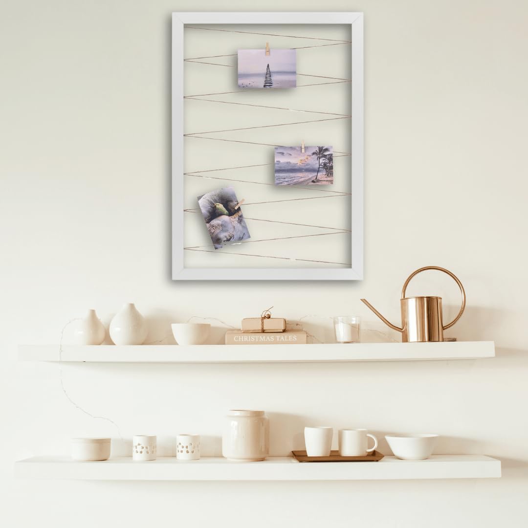 CLAMARO 'Collage Line' Fotohalter 70x90 cm | Weiß Matt | Hochformat Bilderrahmen mit Fotoleine aus Juteband und Holzklammern | Ideal als Fotocollage Galerie, Fotowand oder Fotorahmen