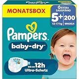 Pampers Baby-Dry Größe 5+, 200 Windeln, 12kg-17kg, Bis zu 100% Auslaufschutz und Komfort die ganze Nacht