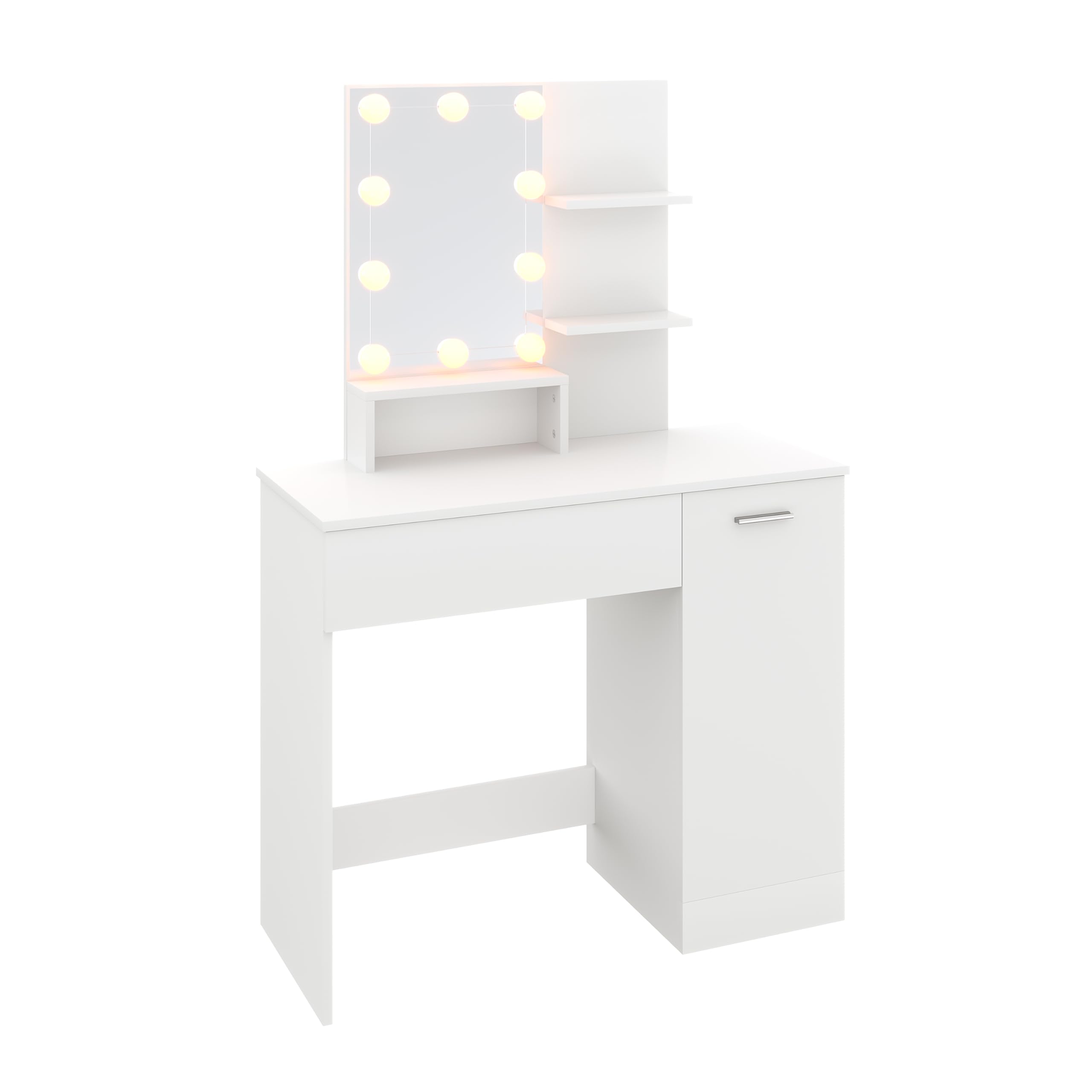 ZANOFIRA Dressing Table with Mirror, LED Lights with Adjustable Brightness, Wooden Modern Vanity Table with Mirror, Makeup Desk with 1 Drawer 4 Shelves 1 Storage Cabinet, 90x40x75cm, White — image 1