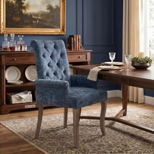 Mirgata Dining Chair with Arms, Mid Century Modern Dining Room Chair with Vintage Copper Nails, Solid Wood Legs, Velvet Upholstered Accent Armchair for Home (Blue)