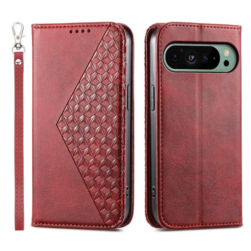 Étui portefeuille rouge pour Google Pixel 8A avec support magnétique en cuir