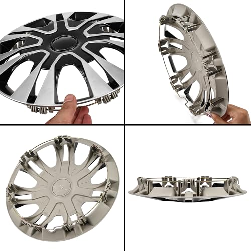 Image of Black with Silver Hubcap Wheel Cover Replacement Kit 14 inch Hub Caps Wheel Rim Cover Car Exterior Accessories Pack of 4, 14 Inches