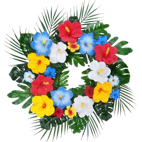 24Inch Tropical Wreath for Front Door, Artificial Hibiscus Flower with Faux Palm Leaves Monstera Leaves, Outdoor Summer Wreath Perfect for Hawaiian Wall Window Porch Fireplace Party Decor