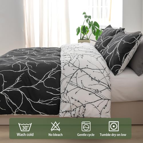 Image of Lekesky Reversible Duvet Cover King Size, Black White Branch Comforter Cover King 3pcs Microfiber Botanical Bedding Set with Zipper Closure Corner Ties