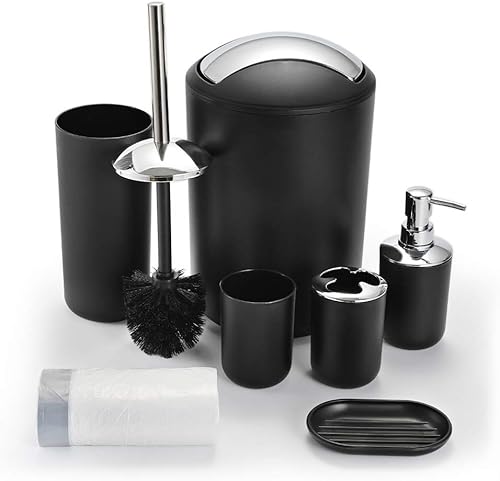 Juego de accesorios de baño, juego de accesorios de baño de plástico de 6 piezas con bolsas de basura con cordón, juego de soporte para cepillo de