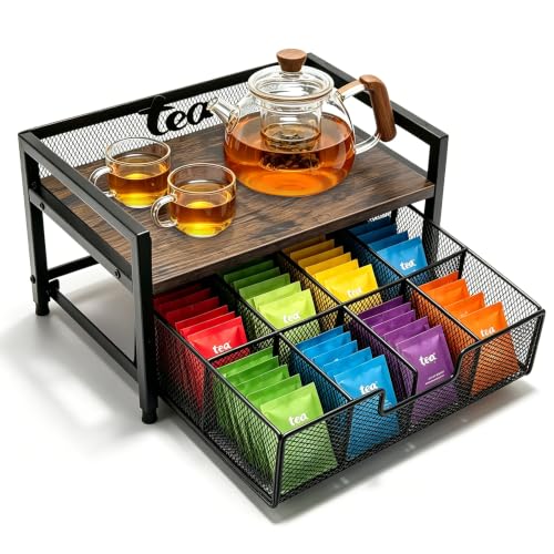 Uniqcovosa 2 Tier Tea Bag Organizer - 8 Drawer Sliding Tea Box Organizer, Tea Bar Accessories Organizer for Countertop, Bar Station, Kitchen (Rustic Brown)