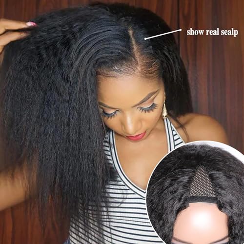Image of V Part Wig Human Hair Kinky Straight 180% Density Upgrade U Part Human Hair Wig for Women Can Last 6-9 Months No Leave Out No Glue Beginner Friendly Yaki V Shape Wigs 16 Inch Natural Color