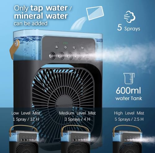 Image of TRIDEO Portable Air Cooler Fan with 7-Color LED Lights, Mini Personal Air Conditioner with 3 Speeds, 3 Spray Modes, 1 /2 /3H Timer, USB Rechargeable for Home, Office & Travel - BLACK