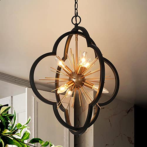 ZEVNI Black and Gold Chandelier, 6-Light Mid-Century Modern Chandeliers for Dining Room, 20" Dia Globe Flower Chandelier with Sputnik Starburst for Kitchen, Living Room, Foyer by ZEVNI - Used condition - US$75.11