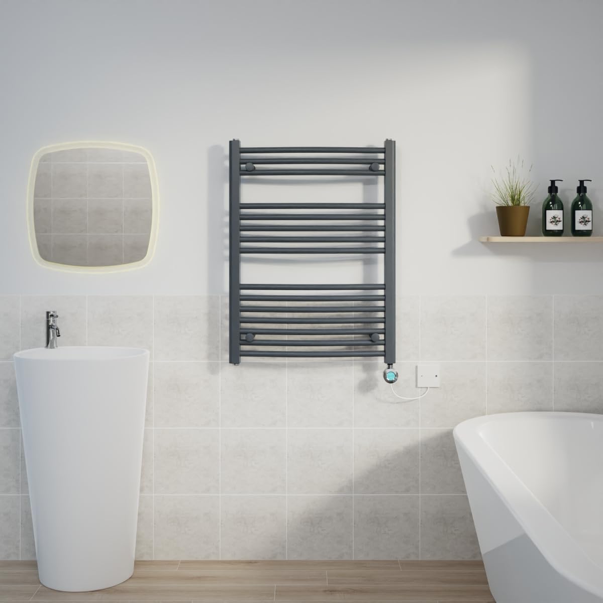 Warmehaus Prefilled 800x600mm Curved Electric Heated Towel Rail with Timer Thermostatic Bathroom Radiator Anthracite - 400W(Chrome Heating Element)