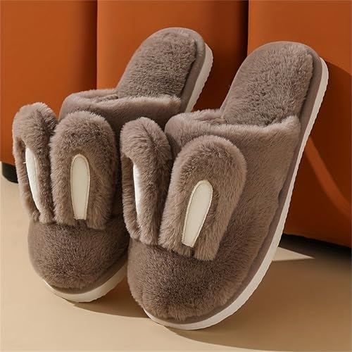 bunny ear flat bottom warm and non slip slippers Men and women's home plush cotton slippers4