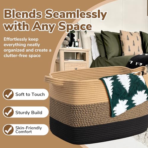 Image of Goodpick 105L Extra Large Woven Rope Blanket Basket, Rectangle, Black Jute